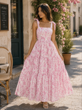 Pink Floral Maxi Dress | Tie Shoulder Summer Sun Dress
