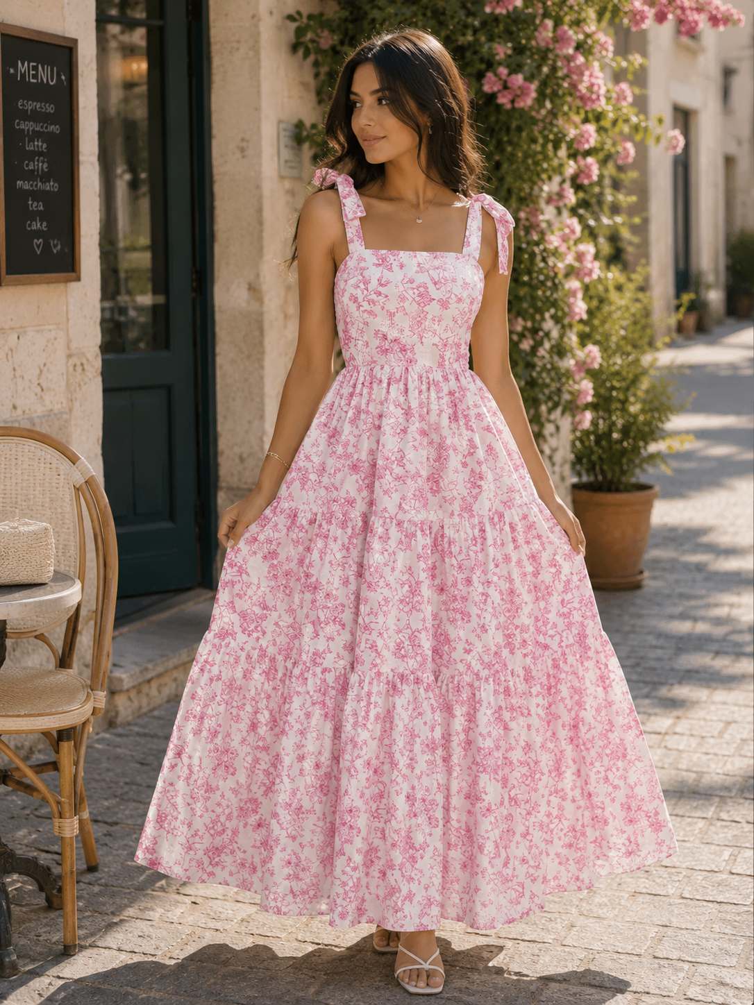 Pink Floral Maxi Dress | Tie Shoulder Summer Sun Dress