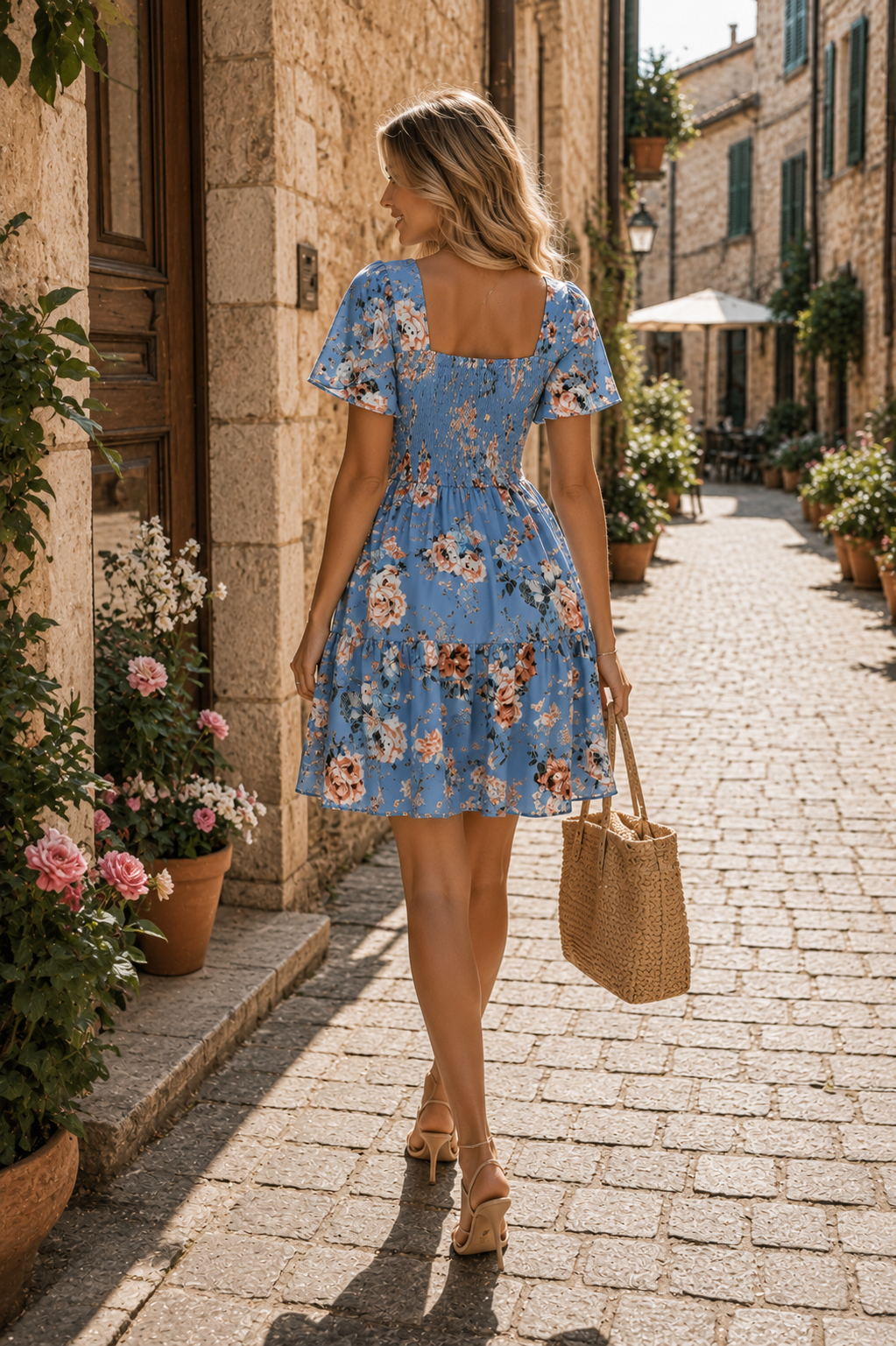 Blue Floral Mini Dress | Smocked Flutter Sleeve Summer Dress