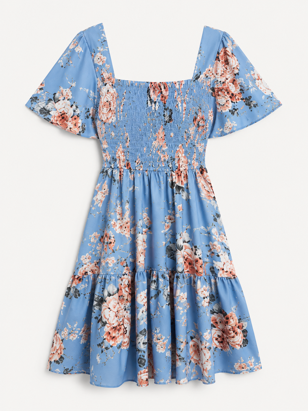 Blue Floral Mini Dress | Smocked Flutter Sleeve Summer Dress