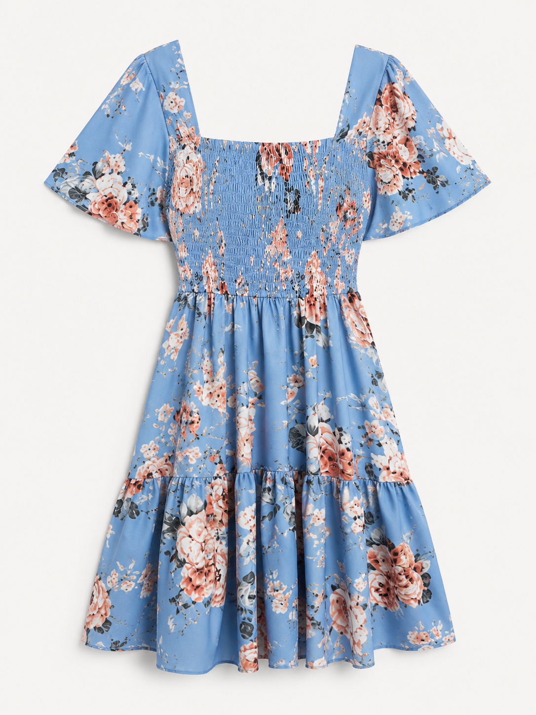 Blue Floral Mini Dress | Smocked Flutter Sleeve Summer Dress