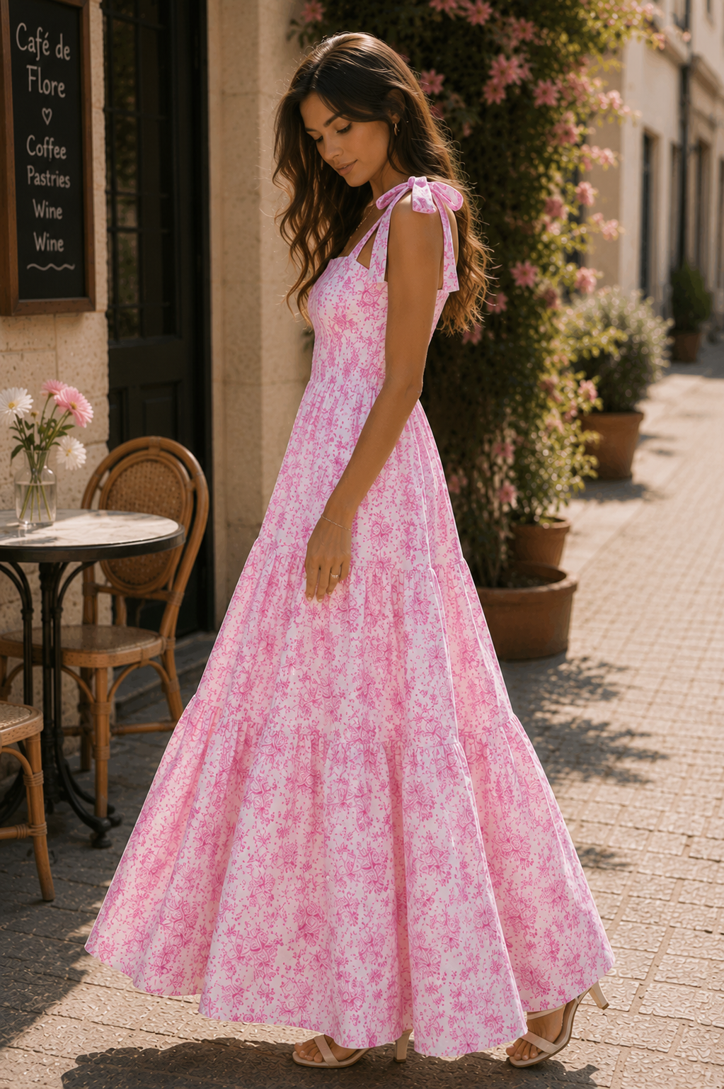 Pink Floral Maxi Dress | Tie Shoulder Summer Sun Dress