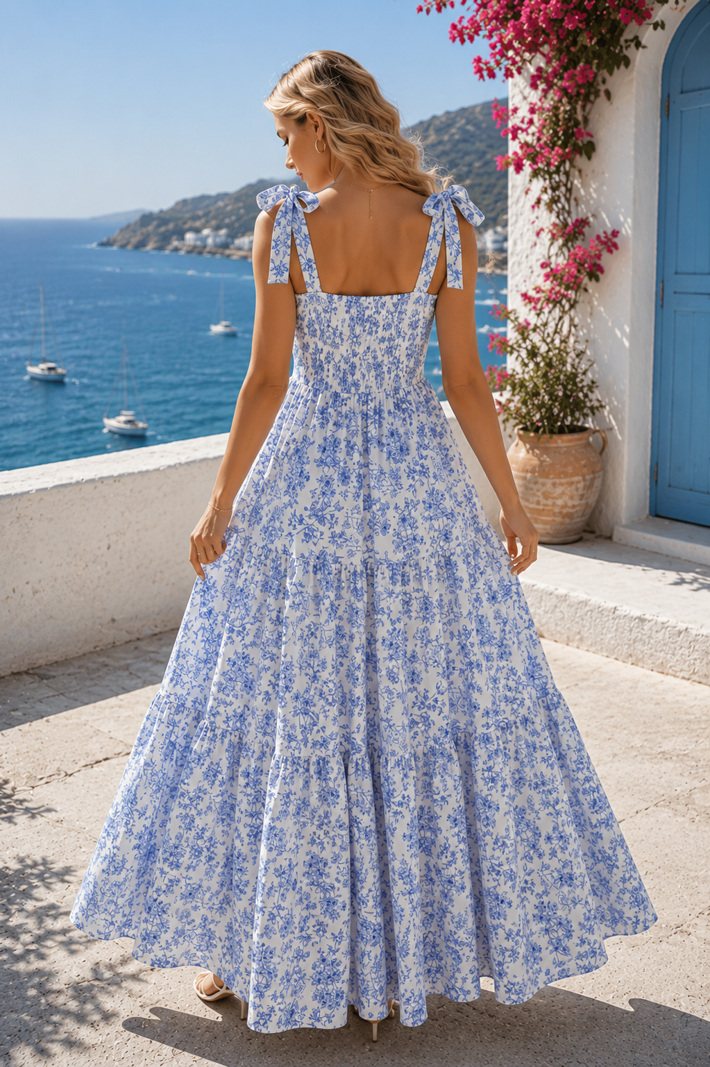 Blue & White Floral Maxi Dress | Tie Shoulder Sundress