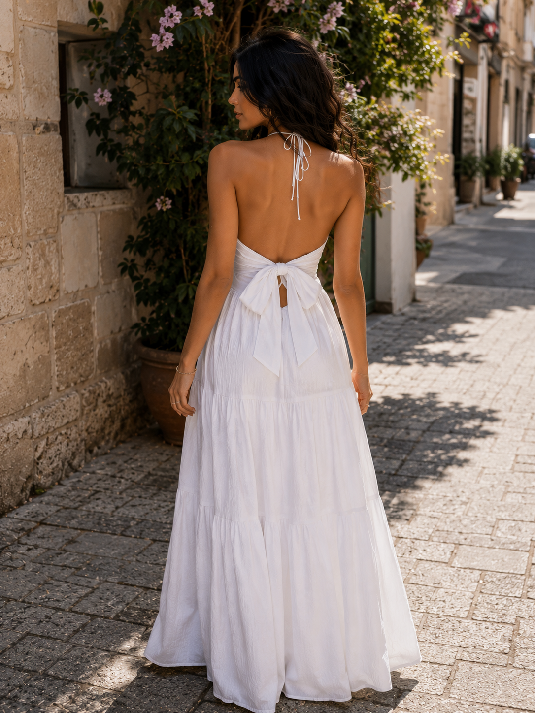 White Halter Maxi Dress | Backless Tie-Back Summer Dress