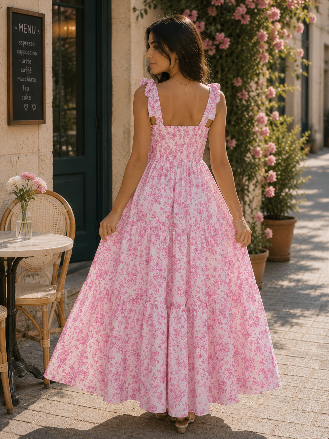 Pink Floral Maxi Dress | Tie Shoulder Summer Sun Dress