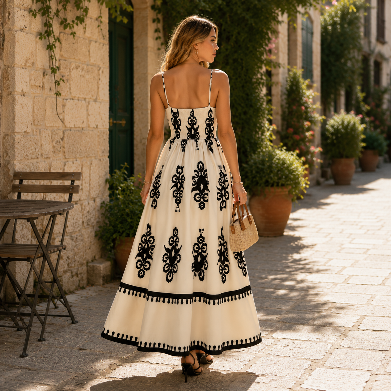 Elegant Side Slit White & Black Maxi Dress