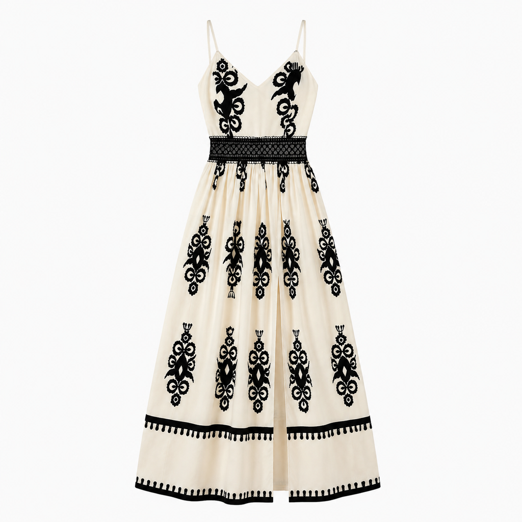 Elegant Side Slit White & Black Maxi Dress